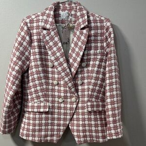 Chanel-Inspired Pink & White Tweed Double-Breasted Jacket Gold Buttons Lg 6011